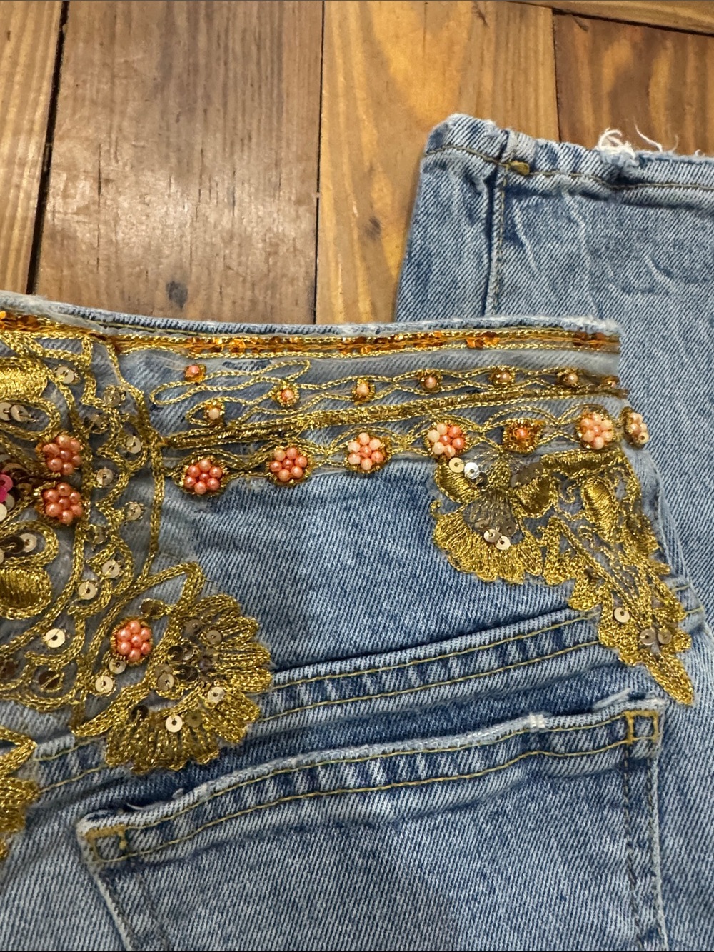 We The Free Light Blue Straight Leg Jeans with Gold Embroidered & Red Bead Waist - Picture 5 of 11